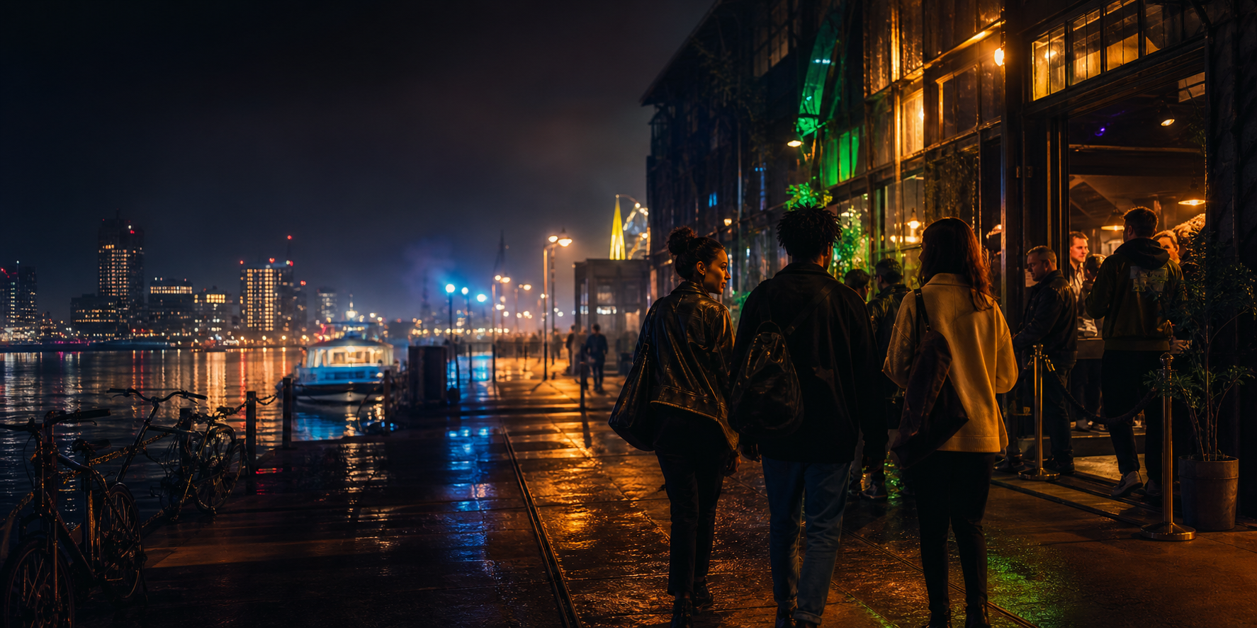 People arriving at an Amsterdam music venue at night